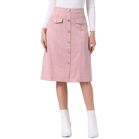 INSPIRE CHIC Women's Suede Skirt Knee Length Button Front Pockets Decor A-Line Skirts L Pink