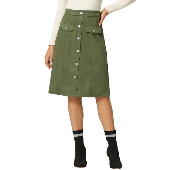 INSPIRE CHIC Women's Suede Skirt Knee Length Button Front Pockets Decor A-Line Skirts M Army Green