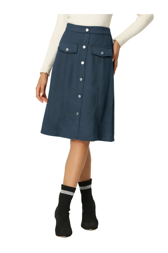 Women's Suede Skirt Knee Length Button Front Pockets Decor A-Line Skirts M Dark Blue