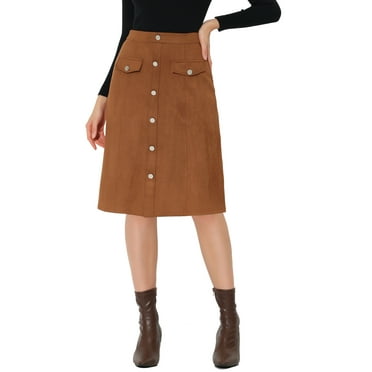 INSPIRE CHIC Women's Suede Skirt Knee Length Button Front Pockets Decor A-Line Skirts S Brown