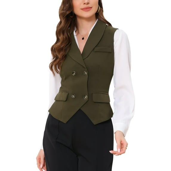 INSPIRE CHIC Women's Suit Vest Double Breasted Business Lapel Dressy Waistcoat Vest M Army Green
