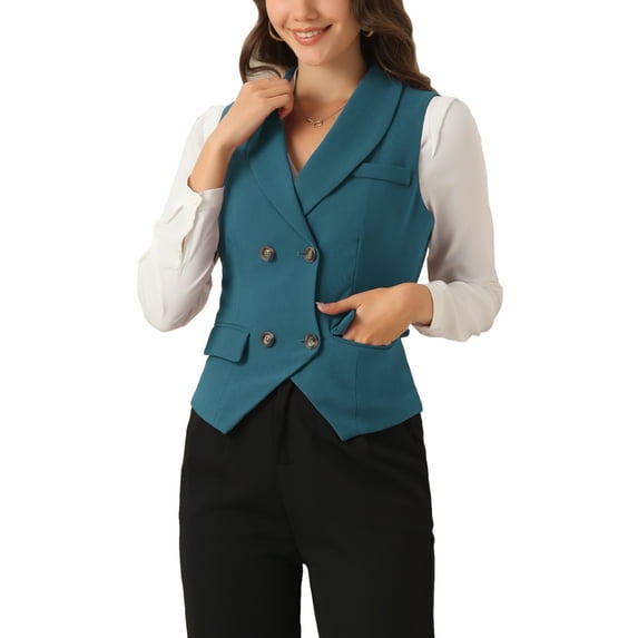 INSPIRE CHIC Women's Suit Vest Double Breasted Business Lapel Dressy Waistcoat Vest S Lake Blue