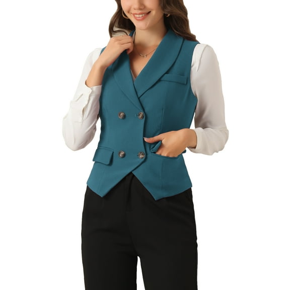 INSPIRE CHIC Women's Suit Vest Double Breasted Business Lapel Dressy Waistcoat Vest XL Lake Blue