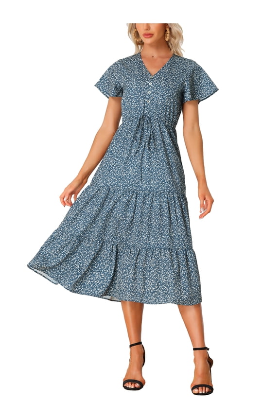 Women's Summer Boho Casual Short Sleeve V Neck Tiered Floral Midi Dresses Dark Blue L