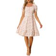 thumbnail image 1 of INSPIRE CHIC Women's Summer Boho Floral Print Square Neck Smocked Ruffle Puff Sleeve a Line Mini Dress White L, 1 of 5