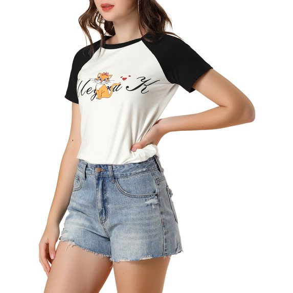 Allegra K Women's Summer Casual Short Sleeve Cartoon Cat Print T-Shirt