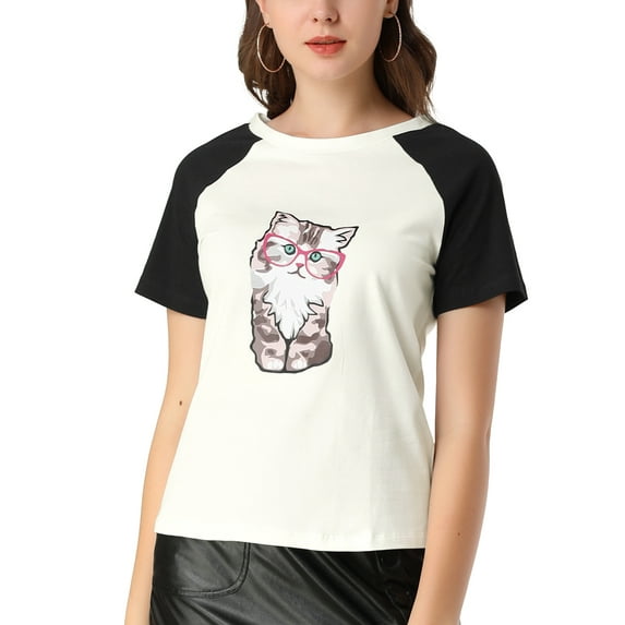 Allegra K Women's Summer Casual Short Sleeve Cartoon Cat Print T-Shirt
