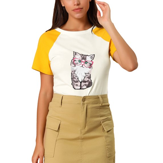 Allegra K Women's Summer Casual Short Sleeve Cartoon Cat Print T-Shirt
