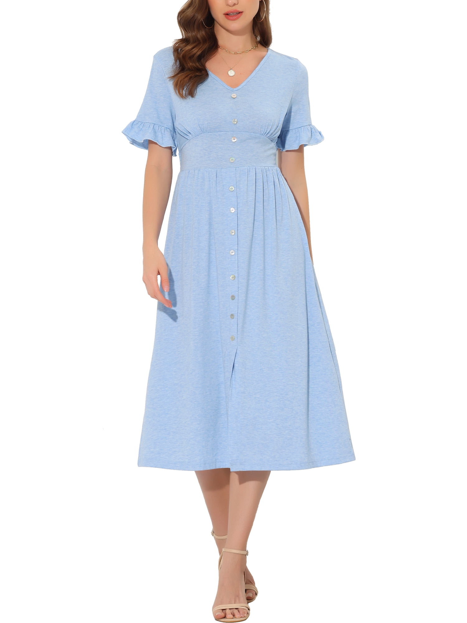 Blue Smocked High Waist Button Midi Dress with Flutter Sleeves