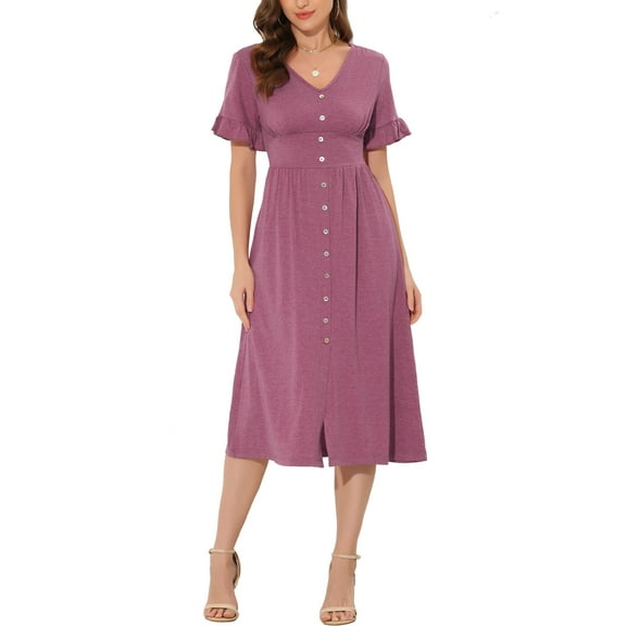 INSPIRE CHIC Women's Summer Dress V Neck Button Flutter Sleeve Smocked High Waist Midi Dress L Fuchsia
