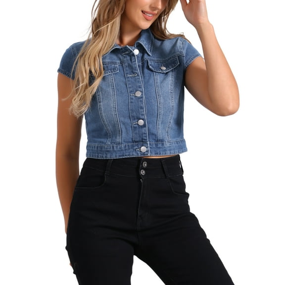 INSPIRE CHIC Women's Summer Denim Jackets Button Down Short Sleeves Cropped Jean Jacket M M-Blue