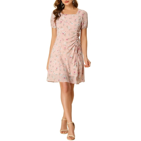 INSPIRE CHIC Women's Summer Drawstring Ruched Decor Short Sleeve Floral Dress XS Pink