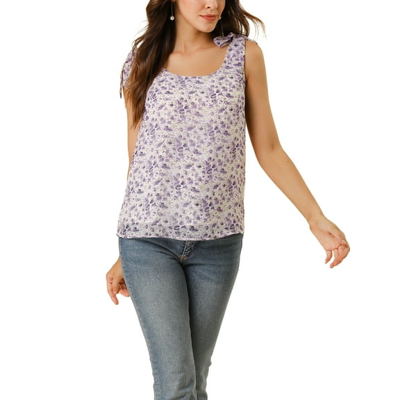 INSPIRE CHIC Women's Summer Floral Blouse Bow Tie Decor Casual Tank Tops XL Lavender