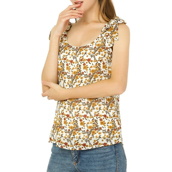 INSPIRE CHIC Women's Summer Floral Blouse Bow Tie Decor Casual Tank Tops XS Apricot