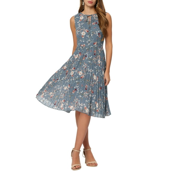 INSPIRE CHIC Women's Dress Summer Floral A-Line Knee Length Sleeveless Pleated Midi Dress XS Blue Grey