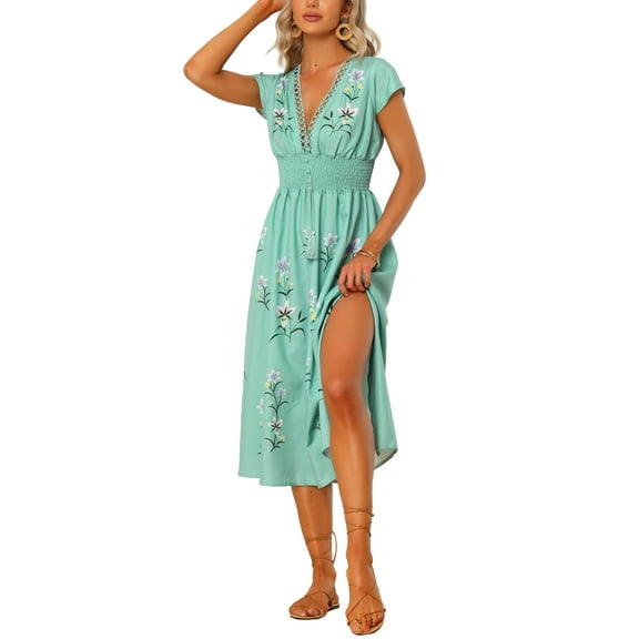 INSPIRE CHIC Women's Summer Flutter Short Sleeve Smocked Waist Floral Midi Dress L Green