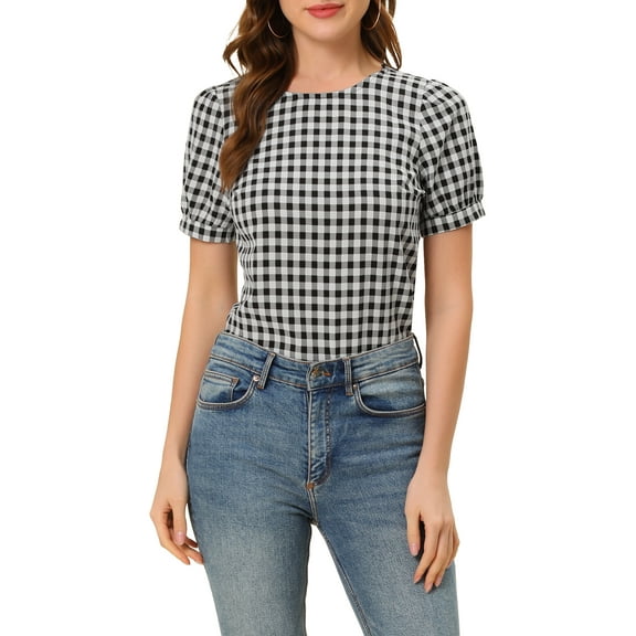 INSPIRE CHIC Women's Vintage Gingham Tops Puff Short Sleeve Crew Neck Casual Shirt Blouse 2XL Black
