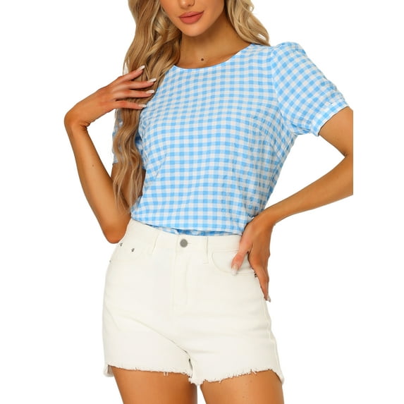 INSPIRE CHIC Women's Vintage Gingham Tops Puff Short Sleeve Crew Neck Casual Shirt Blouse L Light Blue