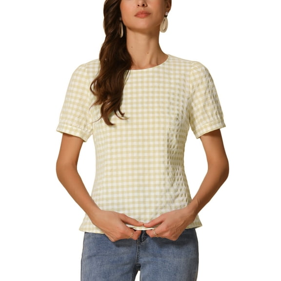 INSPIRE CHIC Women's Vintage Gingham Tops Puff Short Sleeve Crew Neck Casual Shirt Blouse M Pale Yellow
