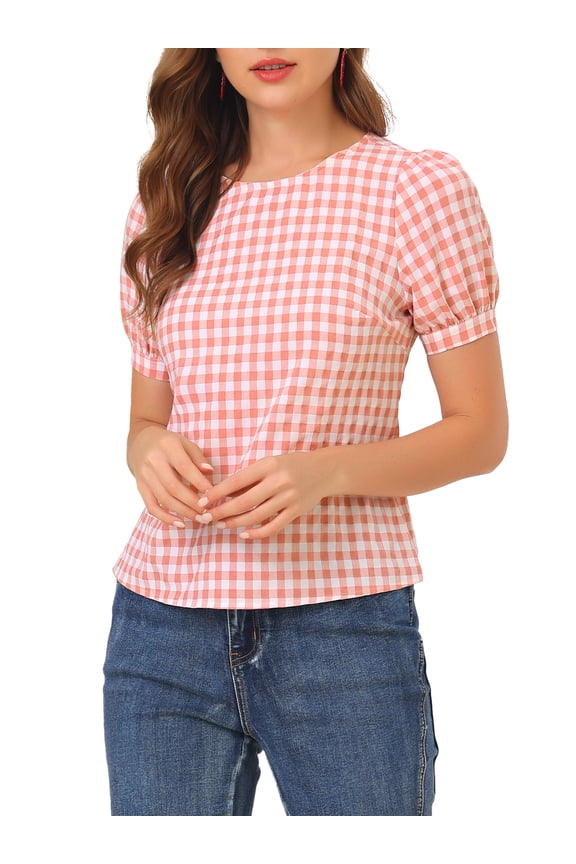 Women's Vintage Gingham Tops Puff Short Sleeve Crew Neck Casual Shirt Blouse M Watermelon Pink