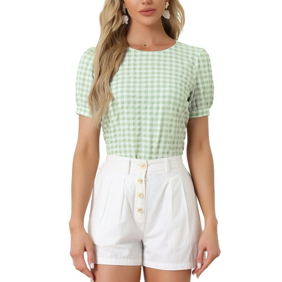 INSPIRE CHIC Women's Vintage Gingham Tops Puff Short Sleeve Crew Neck Casual Shirt Blouse XL Light Green