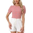 thumbnail image 1 of INSPIRE CHIC Women's Vintage Gingham Tops Puff Short Sleeve Crew Neck Casual Shirt Blouse XS Red, 1 of 6