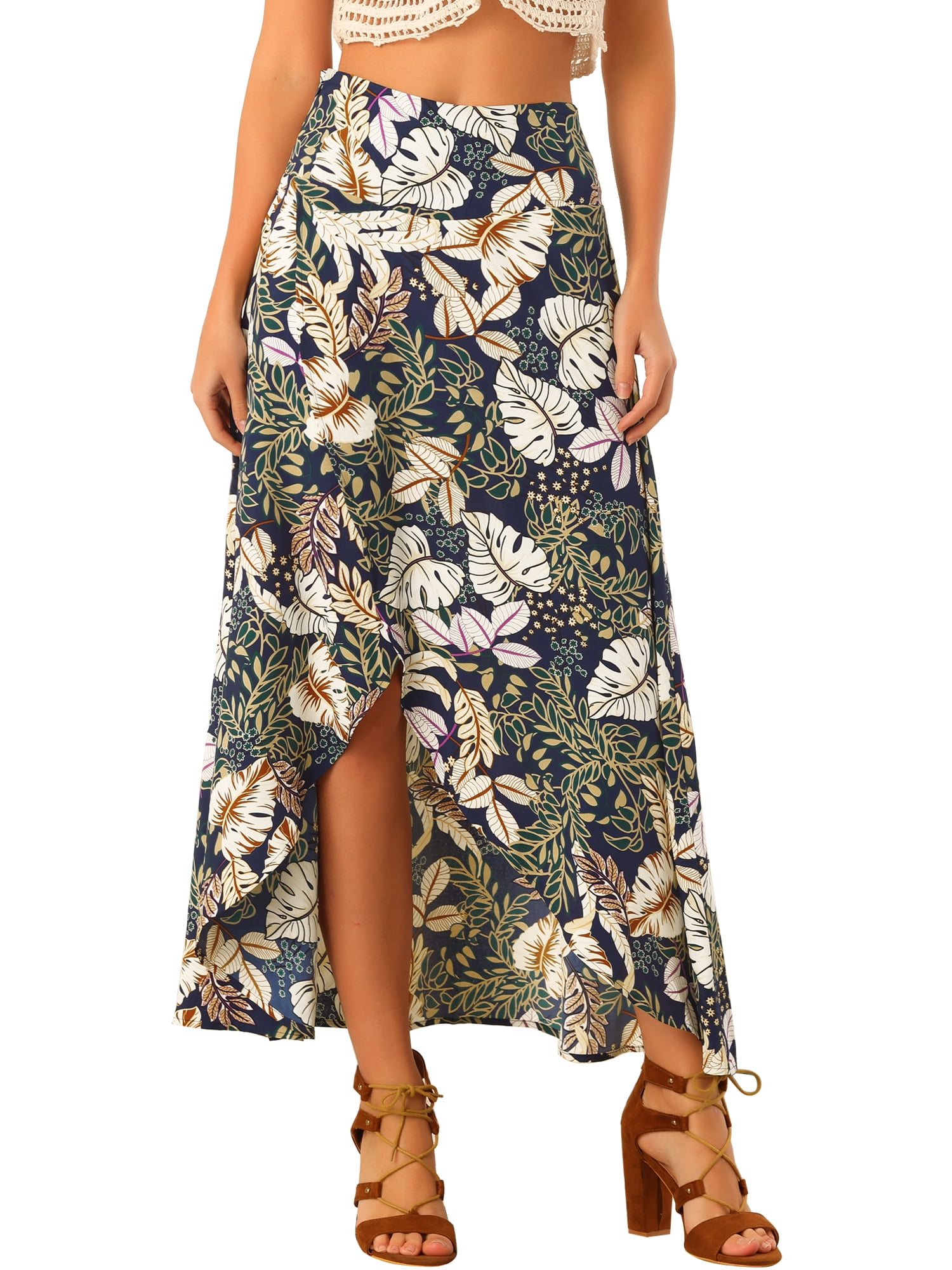 Allegra K Women's Summer High Waist Asymmetrical Tropical Maxi Skirt ...