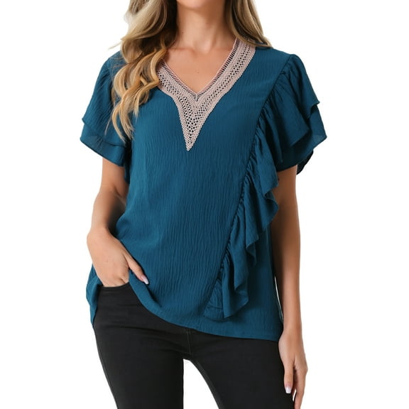 INSPIRE CHIC Ruffle Short Sleeve Tops for Women V Neck Casual Blouse Dark Blue XL