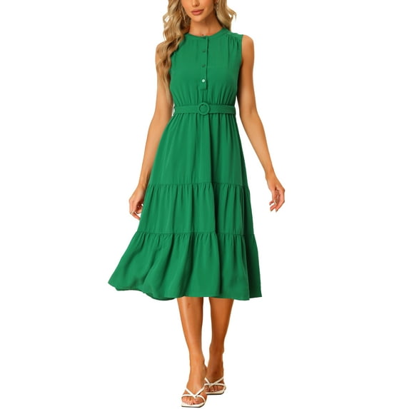 Allegra K Women's Summer Sleeveless Dress Elastic Waist with Belt Flowy Tiered Midi Dress