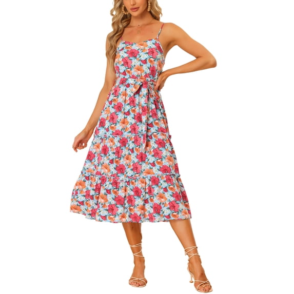 INSPIRE CHIC Women's Summer Sleeveless Floral Midi Dresses Belted Adjustable Strap Dress Multicolor S