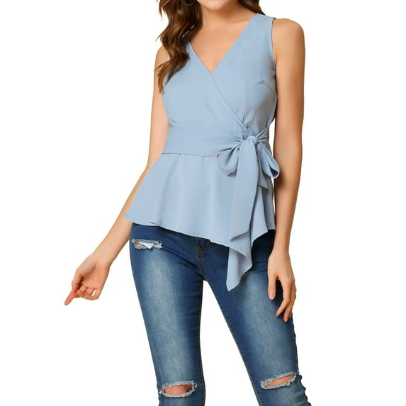 INSPIRE CHIC Women's Summer Sleeveless V Neckline Wrap Tie Waist Tops M Light Blue