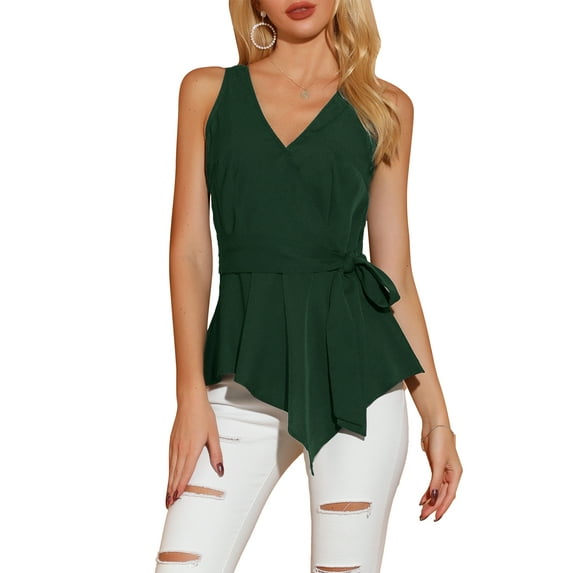 INSPIRE CHIC Women's Summer Sleeveless V Neckline Wrap Tie Waist Tops S Dark Green