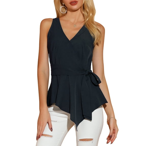 INSPIRE CHIC Women's Summer Sleeveless V Neckline Wrap Tie Waist Tops S Navy Blue