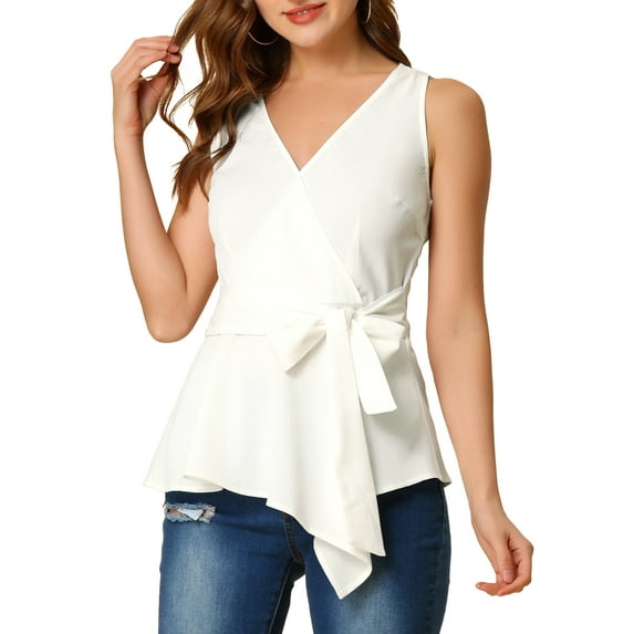 Allegra K Women's Summer Sleeveless V Neckline Wrap Tie Waist Tops XS Beige