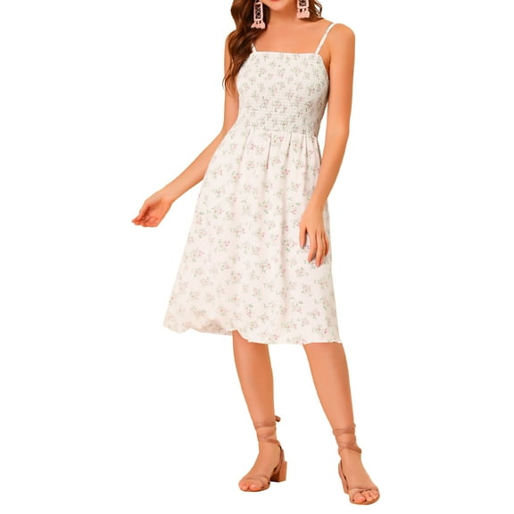 INSPIRE CHIC Women's Summer Spaghetti Strap Smocked Pockets Floral Dress XL Beige