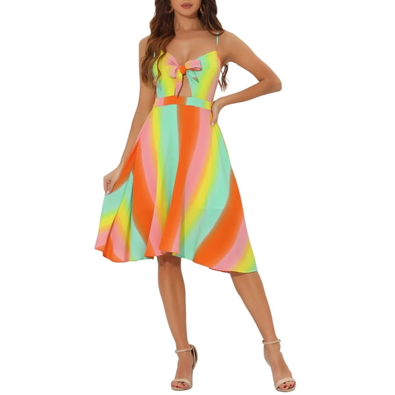 INSPIRE CHIC Women's Summer Sundress V Neck Tie Knot Front Swing Spaghetti Strap Midi Dresses M Orange