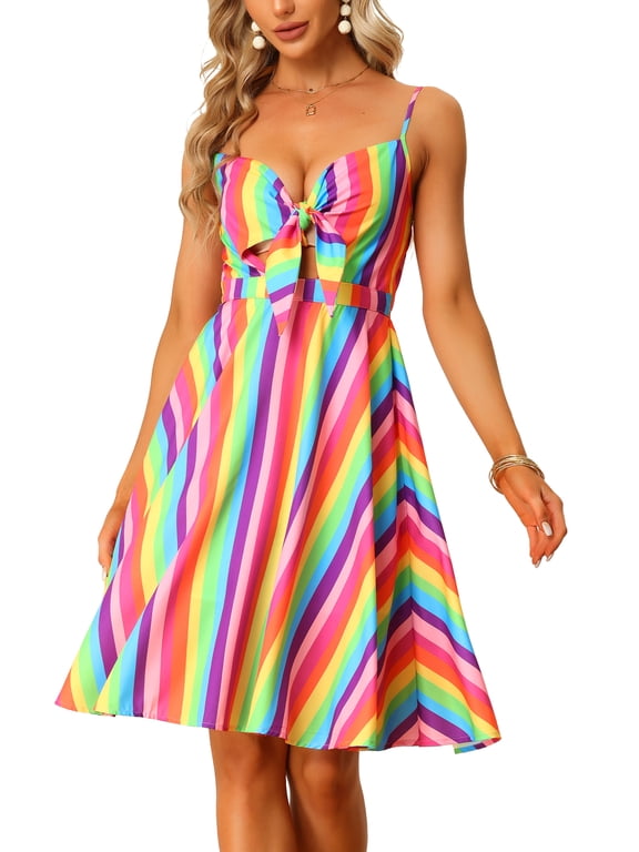 Women's Summer Sundress V Neck Tie Knot Front Swing Spaghetti Strap Midi Dresses L Rainbow