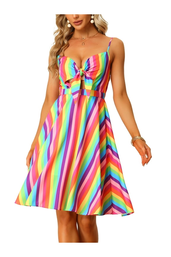 Women's Summer Sundress V Neck Tie Knot Front Swing Spaghetti Strap Midi Dresses L Rainbow
