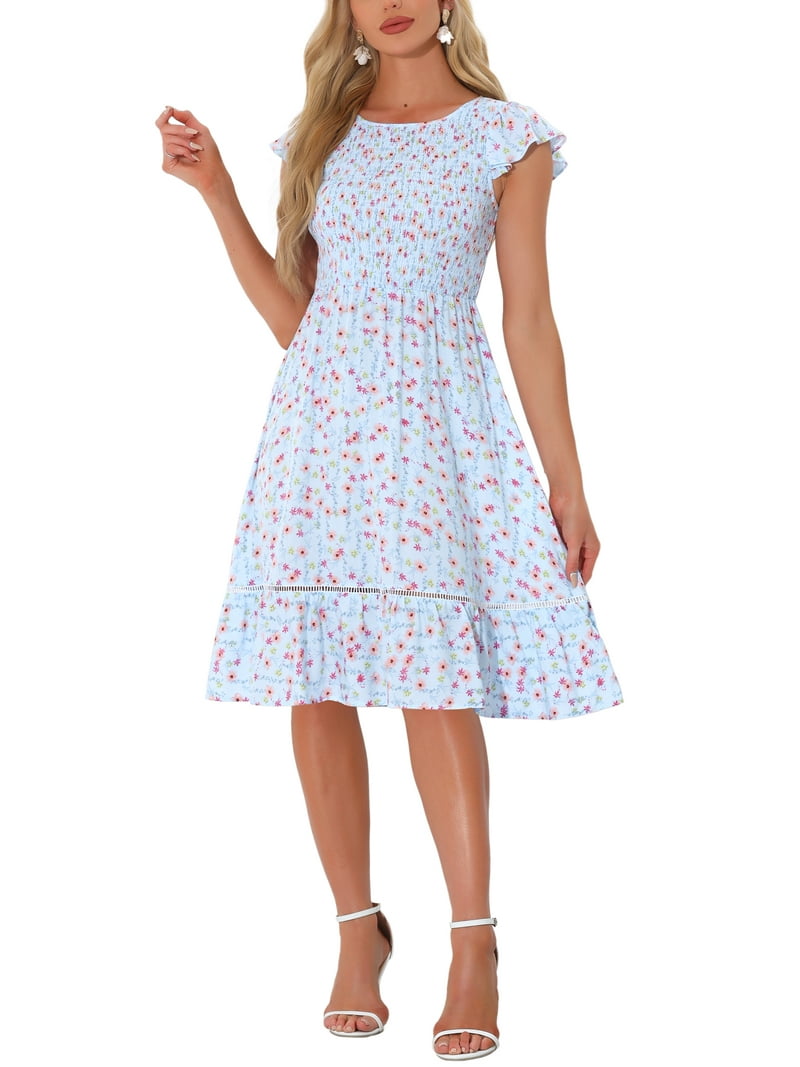 Free Shipping! INSPIRE CHIC Women's Short Sleeve Floral Sundress with  Smocked Detail, Flowy Midi Casual Dress, Blue, Size - Walmart.com