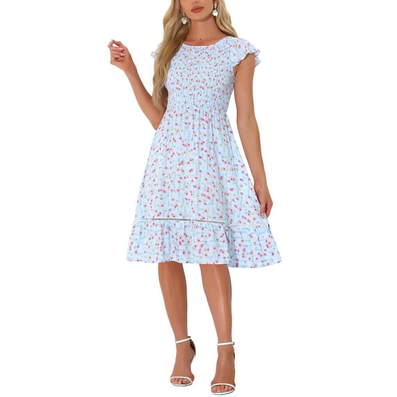 INSPIRE CHIC Valentine's Day Women's Dresses Cap Sleeves Smocked Floral Summer Midi Sundress M Blue