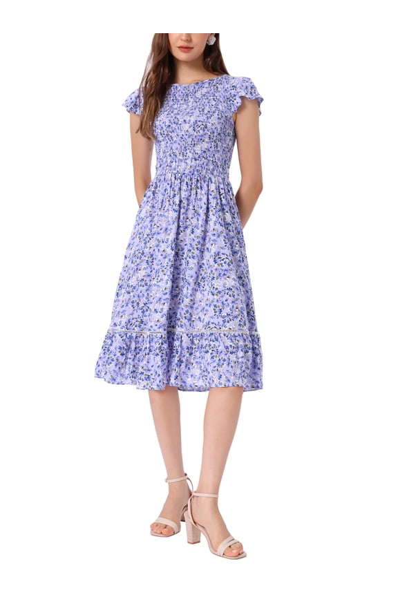 Valentine's Day Women's Dresses Cap Sleeves Smocked Floral Summer Midi Sundress M Dark Blue Purple