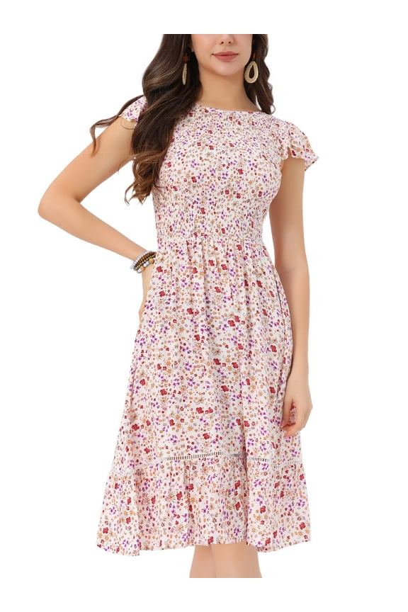 Women's Dresses Cap Sleeves Smocked Floral Spring Summer Midi Sundress White M