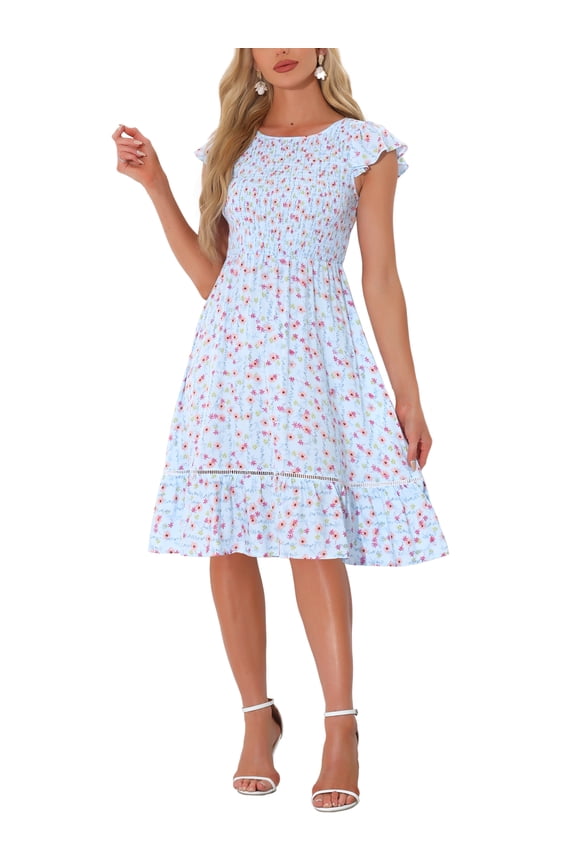 Women's Dresses Cap Sleeves Smocked Floral Spring Summer Midi Sundress Blue S