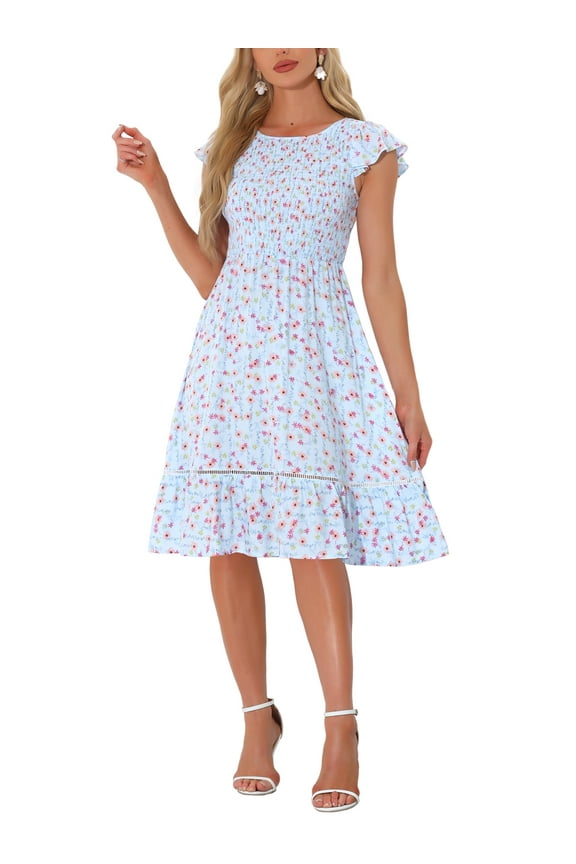Women's Dresses Cap Sleeves Smocked Floral Spring Summer Midi Sundress XL Blue
