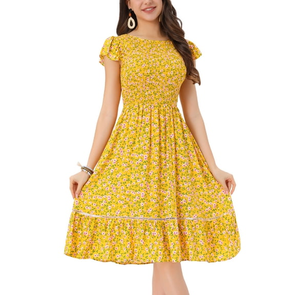 INSPIRE CHIC Valentine's Day Women's Dresses Cap Sleeves Smocked Floral Summer Midi Sundress XS Yellow
