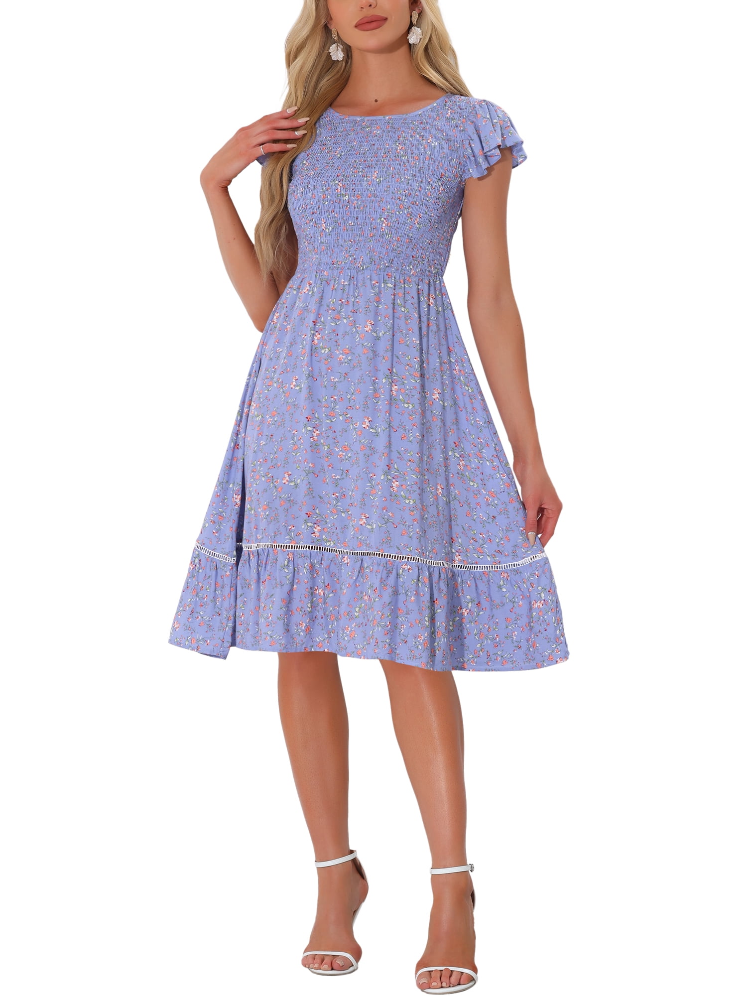 Allegra K Women's Summer Sundresses Floral Smocked Fit and Flare Midi