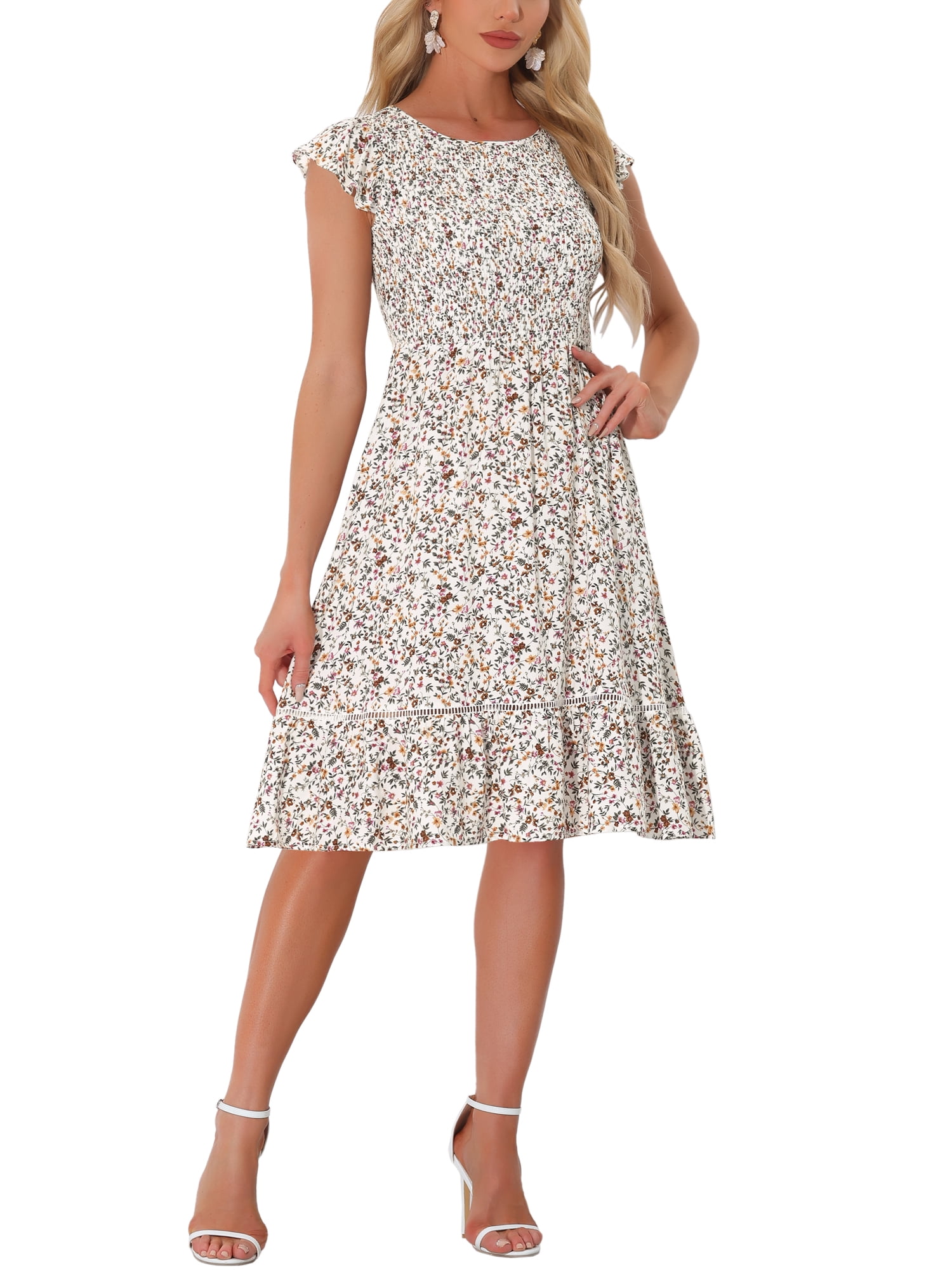 INSPIRE CHIC Women's Floral Sundress Fit and Flare Midi Smocked Spring Summer Dress XL White