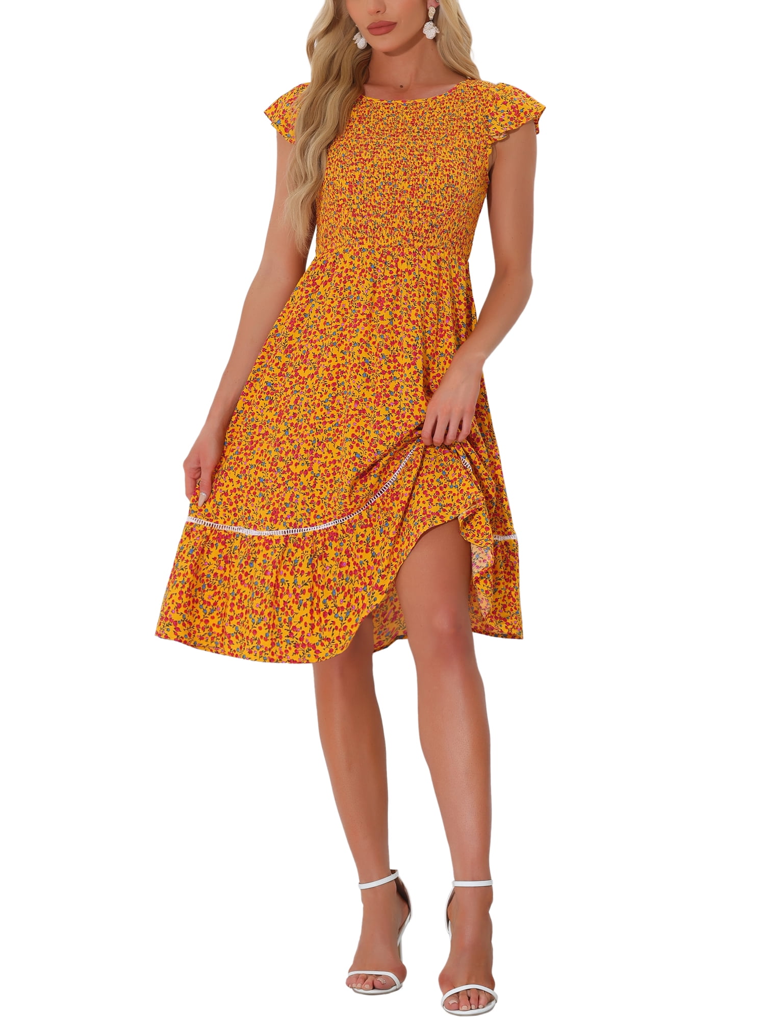 Allegra K Women's Summer Sundresses Floral Smocked Fit and Flare Midi