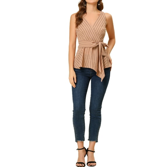 INSPIRE CHIC Women's Summer Tops Sleeveless V Neckline Wrap Tie Waist Tops M Khaki