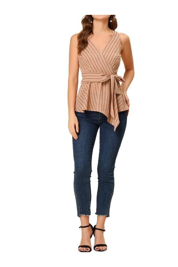 Women's Summer Tops Sleeveless V Neckline Wrap Tie Waist Tops S Khaki